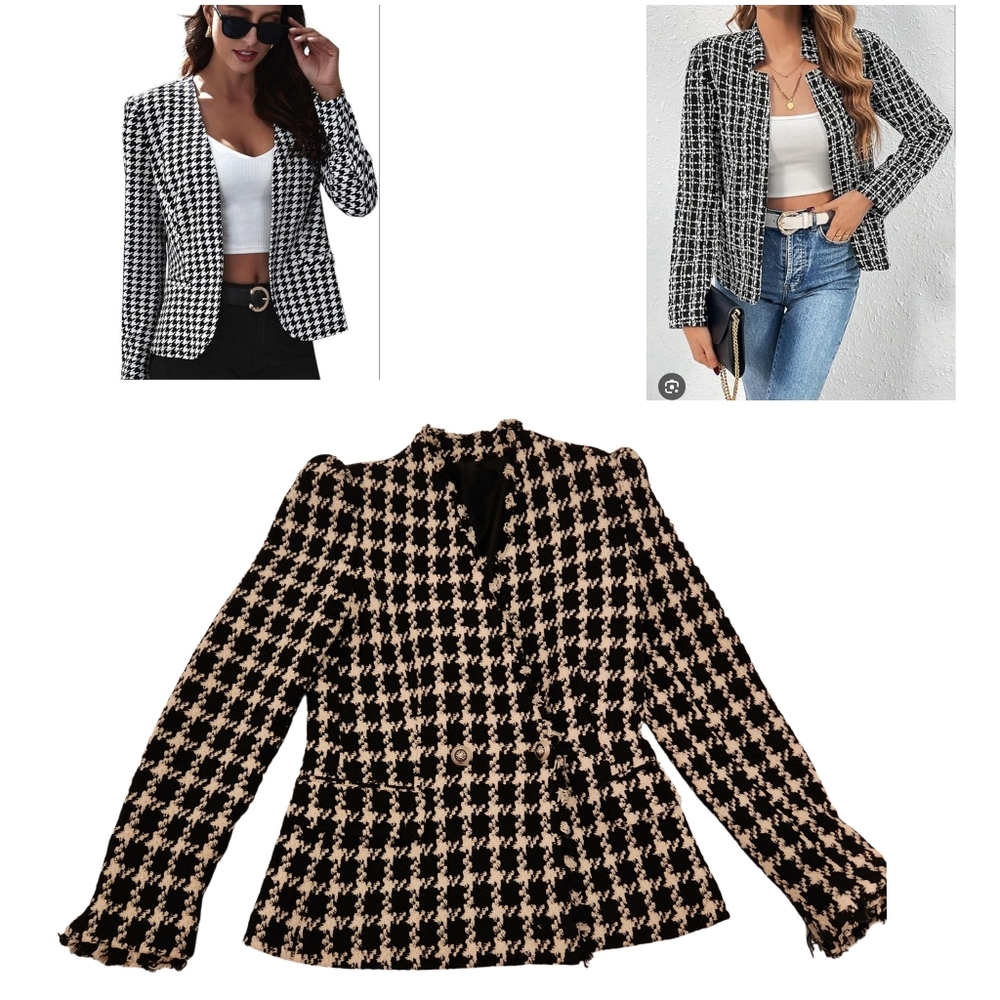 Chic Black and White Houndstooth Blazer Jacket  Small To medium